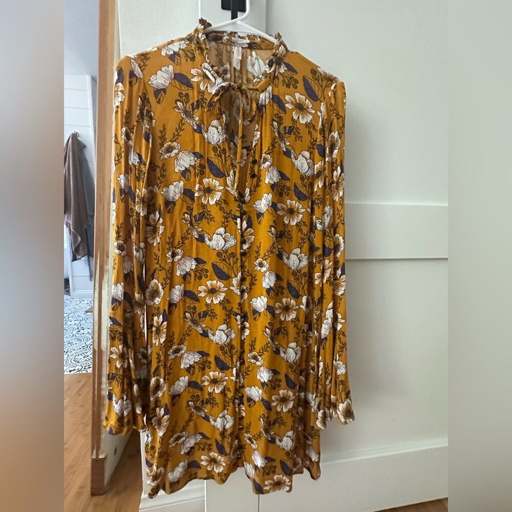 Xhilaration Floral Mustard Yellow Swing Dress with Bell Sleeves